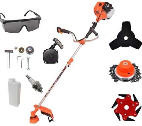 Desbrozadora con Motor Gasolina 2 Tiempos, 65cc 3 CV - Cortacesped con Accesorios de Corte, Manillar de Agarre Doble, Regulador Potencia, Arnés Seguridad, Herramienta Profesional, Sistema Easy-Start