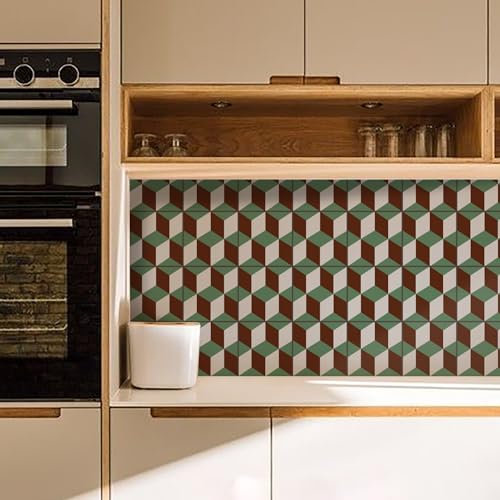 Mosaikfliesen Coffee Green Geometrie Fliesenaufkleber PVC Hitzebeständig Klebefliesen Küche Bad Wasserdicht Tile Sticker Ölfest Selbstklebende Fliesen Badezimmer Küchenrückwand 20x20cm/12 Pcs
