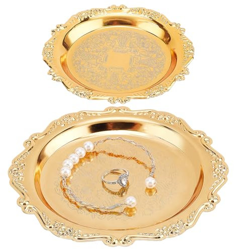 PH PandaHall 2pcs Gold Jewellery Decorative Tray Metal Jewellery Dish 3.9/5.9 Antique Trinket Dish Round Small Jewellery Storage Tray for Perfume Candle Holiday Party Home Wedding Decor