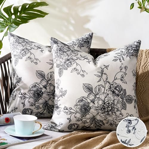 Aisybaklyn 2er Set Kissenbezüge Wasserdicht Kissenbezug 40X40cm Zierkissenbezüge Schwarze Weiße Blumen Morden Outdoor Kissen Leinen Kissenhülle Dekokissen für Sofa Wohnzimmer Garten