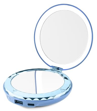 HALO Beauty Compact - Miroir de Poche et 5k Power Bank - 3-en-1 Lumière, Miroir et Power Bank - Chargeur de téléphone Portable USB-C - Jusqu'à 2X Charges (Ciel)