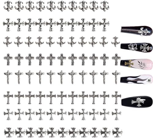 80Pcs Leeneen Silver Metal Cross Nail Charms for Nails Design,Y2K 3D Chrome Nails Art,Vintage Alloy Cross Heart Skull Acrylic Charm for Women, Halloween Nail Supplies (L1)