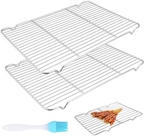 2 Pcs Rejillas de Enfriamiento para Hornear, 30 x 20 cm Rejilla Horno, Rejilla Rectangular para Repostería, Estante de Enfriamiento de Acero Inoxidable, Bandeja de Alambre para Asar Secar + Cepillo