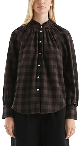 QS Damen Karobluse mit Raglanärmel und Rüsche Am Stehkragen Bluse Langarm