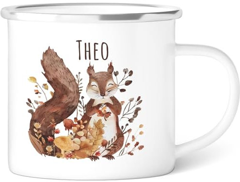 GRAVURZEILE Emaille Tasse für Kinder - Waldtiere Eichhörnchen - Personalisiert mit Namen - versch. Tiermotive zur Auswahl - 300 ml - Trinkbecher für Kinder - Geschenk für Jungen & Mädchen