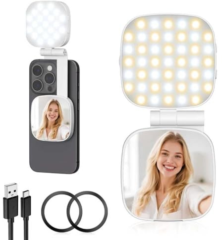 Diyife Handy Licht mit Spiegel, LED Magnetisches Selfie Licht für Magsafe | CRI95+, 600lx/0,3m, 6 Beleuchtungsmodi, Handylicht 10 Helligkeitsstufen, 360° Drehen, mit Magnetic Ring, für TikTok/Video