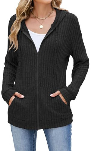 iChunhua Hoodies for Women UK Zip up Jumpers Longline Hooded Cardigans Lightweight Jacket with Pockets (Black, X-Large)