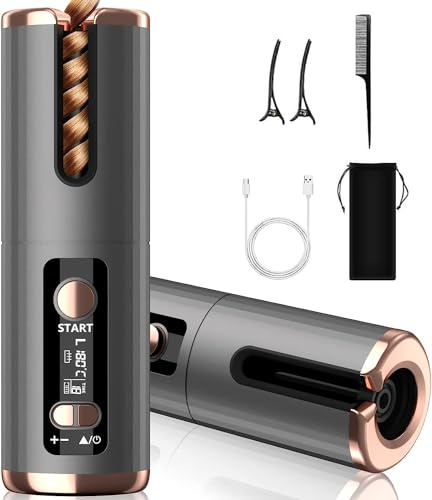 Automatischer Lockenstab, USB, wiederaufladbar, tragbar, 6 Temperaturen 150-200 °C und Timer von 8-18 Sekunden, Keramik-Turmalin-Beschichtung, LED-Display, intelligente Erinnerung, automatische