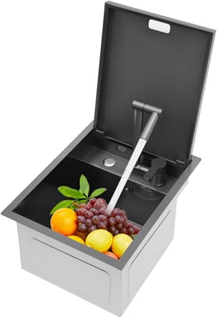 Verstecktes Edelstahl Spülbecken mit Klappdeckel 450x350x210mm für Küche & Bad | Moderne Einbauspüle für kleine Räume | Geruchsstop Überlauf Geräuschdämmung Single Bowl Waschbecken Set