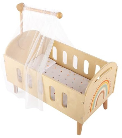 Freniland Wooden Doll Crib Bed for 18 Inch Dolls, Baby Doll Furniture Set with Sheer Canopy and Soft Fabric Mattress, Pretend Play Nursery Accessories for Toddlers