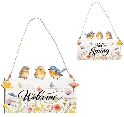 Welcome Sign- Double-Sided Wooden Hanging Plaque, Welcome Spring Garden Decor, Weather-Resistant Indoor Outdoor Home Decoration Gift Accessory