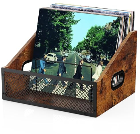 kroucoco Vinyl Record Storage, Metal & Wooden Vinyl storage Records, Record Holder with Dividers for Albums, Book, Files, Magazine,Records Case Box Holds up to 60 Records