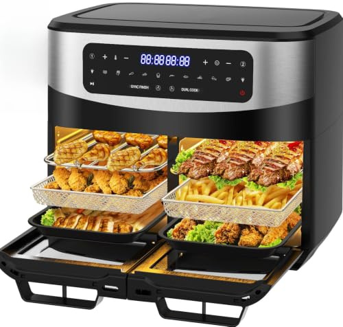 Dewelling Airfryer Dual Zone 12L - 2600W Heißluftfritteuse mit herausnehmbarem Trenner, XXL Heissluftfritteuse Doppelkammer, 10 Funktionen, Doppelte Sichtfenster, 50–200°C, Zubehör-Set, Rezepte