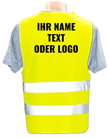 Personalisierte Warnweste mit eigenem Text oder Bild * Kinder- und Erwachsenengrößen * echte Leuchtstreifen mit ISO Zertifizierung, Größe Warnweste:Universal (Erwachsene/ab 12J)