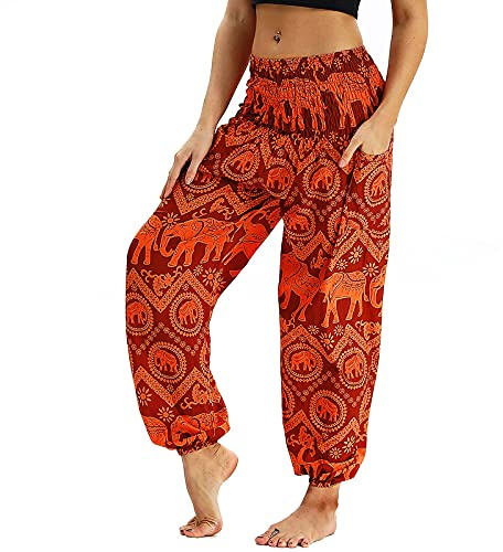 Nuofengkudu Dam haremsbyxor, hippie, säckiga, boho-mönstrade, high waist, smocked waist, low crotch, lounge wide, byxor för yoga, sommar, strand