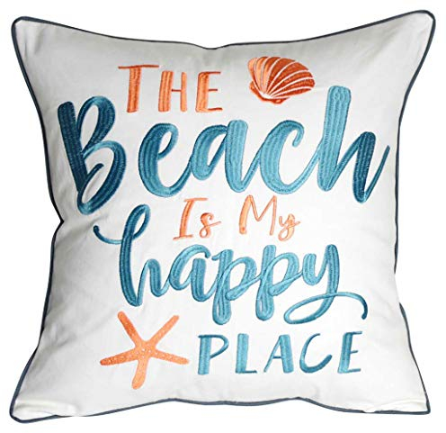 DECOPOW Stickerei-Kissenbezug, Motiv: The Beach is My Happy Place, quadratisch, 45,7 cm, dekorativer Leinen-Kissenbezug mit The Beach is My Happy Place-Muster, nur Bezug
