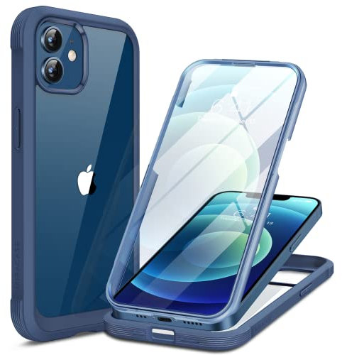 Miracase Glass Case for iPhone 12/12 Pro Case 6.1 (2020), [Built-in Glass Screen Protector] Full Body Rubber Bumper Clear Back Case Cover (Dark Blue)