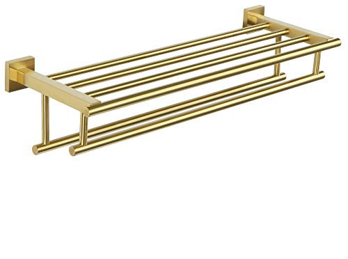 Alise Portasciugamani con doppio portasciugamani, supporto a parete per bagno e lavandino, mensola per asciugamani in acciaio inox SUS 304, finitura oro spazzolato, 52 pollici
