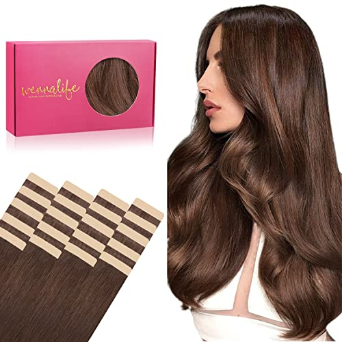 WENNALIFE Tape Extensions Echthaar, 20pcs 50g 35cm 14 Zoll Schokoladenbraun Remy Invisible Tape Extensions Seidig Gerade Echthaar Extensions Skin Weft Tape Ins