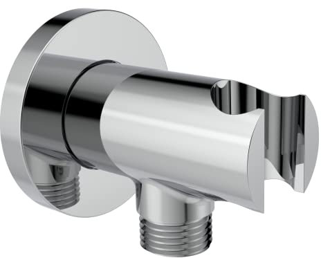 Aquaiaw Wall Supply Elbow with O-Ring Flange, All Solid Brass Wall Union with Handshower Holder, Round Wall Supply Elbow W/Hand Shower bracket, Polished Chrome, 1/2 NPT Female Inlet, G1/2 Male Outlet