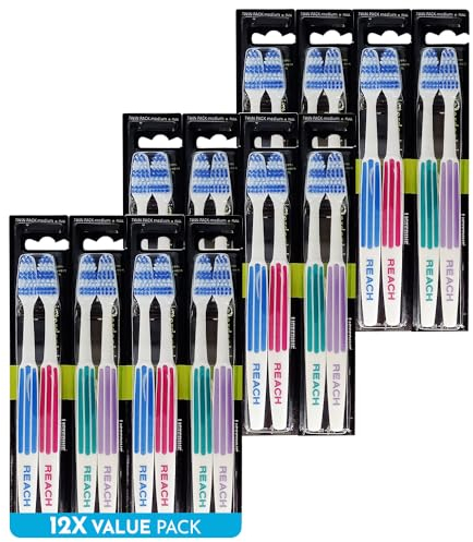 REACH Essential Care Interdental Mittel Zahnbürste, Doppelpack x 12, voller Kopf Medium Toothbrush Soft Borsten Handzahnbürsten, Vielzahl von Farben Multipack, Täglich Oral Emaille Zahnpflege