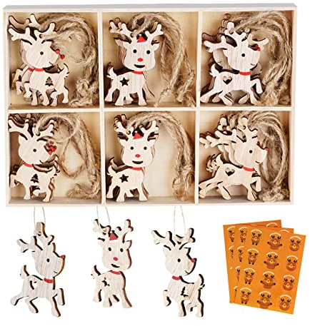 Mocraft 30pcs Weihnachts-Anhänger Holz Weihnachtsanhänger Christbaum Hirschkopf Rentier Hängeornamente Weihnachten Deko Vintage Verzierung Mit Hanfseil, Beweglichen Holzperlen Frohe und Aufkleber
