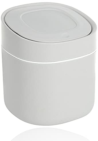 sinzau Cubo de basura de mesa, pequeño cubo de basura para oficina, 15 × 13,5 cm, con tapa, para baño, cocina, oficina, mango portátil, color gris