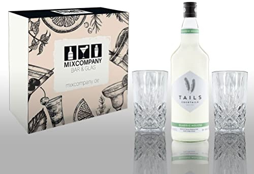 Tails Cocktails Geschenkset classic Mojito 1L (14,9% Vol) mit 2 Longdrink Cocktail Gläsern in Kristalloptik Fertig Cocktail Ready to Drink- [Enthält Sulfite]