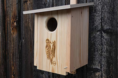 Premium Natur Lärchenholz Nistkasten unbehandelt nach Nabu, massives Vogelhaus Nisthilfe wetterfest 18mm stark verschraubt, mit Befestigungsmaterial (Baumschonende Alunägel) (Nistkasten Specht)
