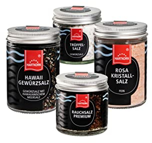 Hartkorn - Feinkost Salze Gewürzset (4-teilig) Gourmetgewürze im Glas (Rauchsalz Premium, Trüffelsalz, Gewürzsalz mit hawaiianischem Meersalz, Rosa Kristallsalz fein)
