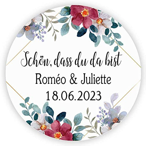 MameArt 50stk 4cm Personalisiert Hochzeit Aufkleber, Schön DASS du da bist mit Namen Sticker für Hochzeit Gastgeschenk Taufe Kommunion Geburtstag Feste Geschenke Präsente (Kranz G), 3DE0209B