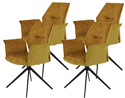 Hela Tische, 4er Set Armlehnenstuhl Sessel Susanne, Mikrofaser Velvert + Webstoff Gold, Metallgestell Schwarz, 360° drehbar, Armlehne