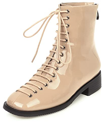 Bviennic Damen Strappy Komfort Runde Zehen Reißverschluss Military Motorradstiefel Schnüren Lack Chukka Stiefeletten Mitte Absatz Combat Stiefeletten Aprikose Gr 40 EU-41Cn