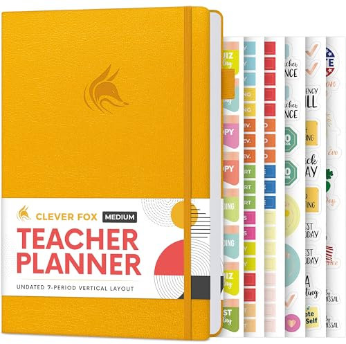 Clever Fox Lehrerplaner, Schuljahresplaner mit Kalendern und Unterrichtsplänen, Lehrerplan-Buch für Klassenzimmer und Heimschule, undatiert, A5-Größe, Hardcover (Bernsteingelb)