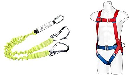 Portwest Double Elasticated Lanyard With Shock Absorber, Size: One Size, Colour: Yellow, FP52YER & 2 Point Comfort Harness, Size: One Size, Colour: Red, FP14RER