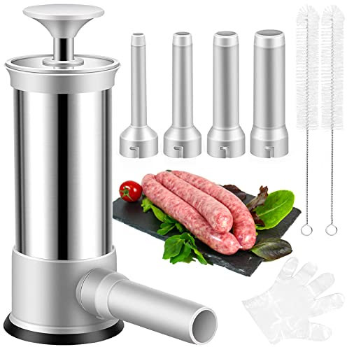ROSROSE Wurstfüllmaschine mit 4 Stopfröhren, Fleischfüller, Wurstfüllung, hausgemachte manuelle vertikale Wurstmacher-Werkzeug-Set für Haushaltsküche, 1 kg große Kapazität