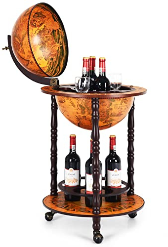 KOMFOTTEU Porta Bottiglie di Vino con Ruote, Mappamondo Bar, Portabottiglie Vino in Legno Eucalipto, Carrello da Bar, Mini Bar con Ruote a Stile Classico (47 x 47 x 90 cm, marrone)