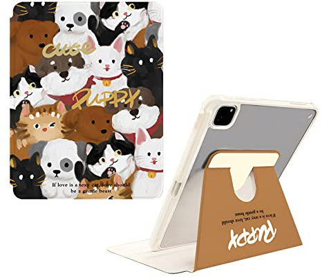 SINQERISHT Hülle für iPad 10. Generation 2022 10.9 Zoll Leder Case mit Stifthalter 360° drehbarem Ständer Schutzhülle Transparent PC Cover mit Auto Schlaf/Wach Funktion(Cats and Puppies)