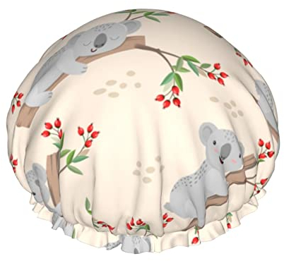 Niedlicher Koala auf Ast, Duschhaube für Damen, wiederverwendbar, wasserdicht, doppellagig, elastisch, Duschbadehut mit weichem, bequemem Peva-Futter, Haarkappe für die Dusche