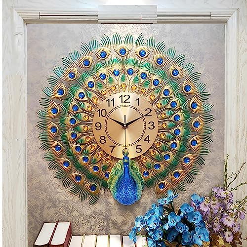 SanBouSi Moderne Wanduhr Groß 3D Pfau Wanduhren mit Metallzifferblatt, Nicht Tickende Leise Digitale Wanduhren Luxus Bunt Wohnkultur Europäische Pfauen Wand Uhr 60cm