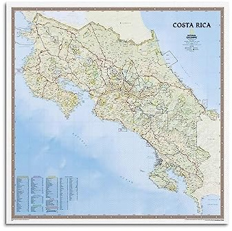 JONZA Karte Poster Klassische Karte Costa Rica Dekorative Malerei Leinwand Wand Und Kunst Bild Familie Schlafzimmer Dekor 28x28inch(70x70cm)