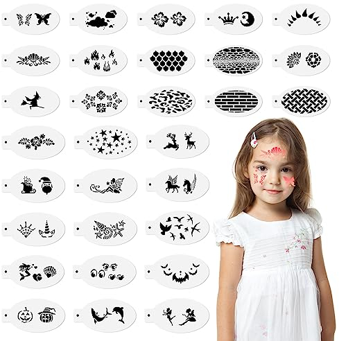 JSRQT 30 Stück Tattoo Schablonen Kinder für Gesicht und Körper Gesicht Schminkschablonen Wiederverwendbare Schablonen für Kinder Erwachsene Kreativität Tattoo Schablone für Halloween Schminke Partys