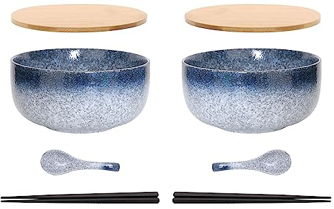 Ramen Schüssel Keramik 2 Set (8 Stück) mit Löffel Essstäbchen,1100 ML Großer Suppenschüssel,Salatschüsseln Für Suppe, Pho und Sushi Bowl (Stern grau 2 Set)