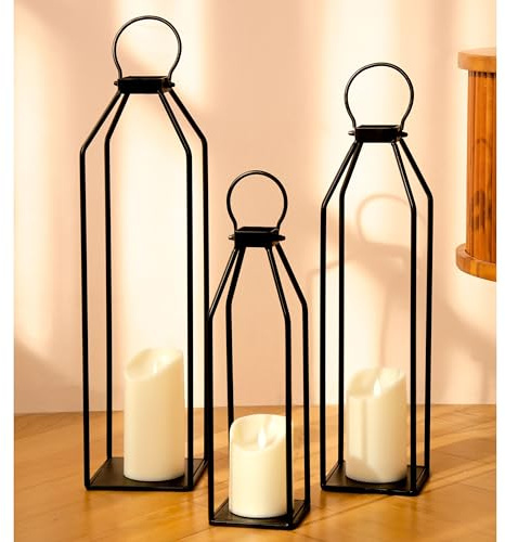 Perfnique Set mit 3 schwarzen Metalllaternen mit 6-Stunden-Timer, flackernde, flammenlose Kerzen, Moderne Bauernhaus-Laternen, dekorativ für Außendekoration, Zuhause, Veranda, Innenbereich, Terrasse,