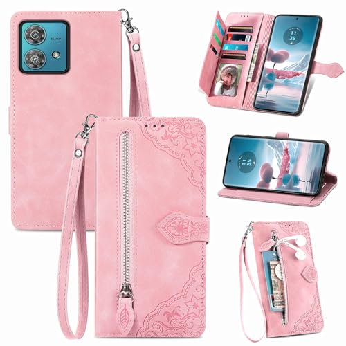 MOJIA Coque Porte Monnaie pour Motorola Moto G84 5G, Etui Portefeuille en Cuir PU avec Cover en TPU, Etui Multifonctionnel Porte-Cartes avec Dragonne. Rose