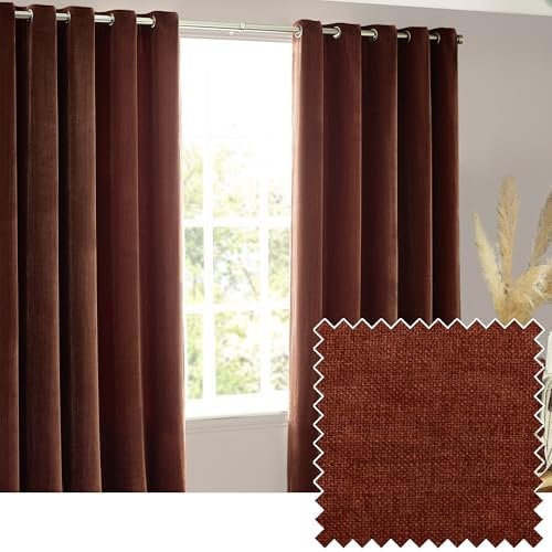furn. Yard Heavy Chenille Eyelet Curtain Pair – Lined Room Darkening Soft Velvet Curtains (Nutmeg - Width 229 x Drop 229cm)