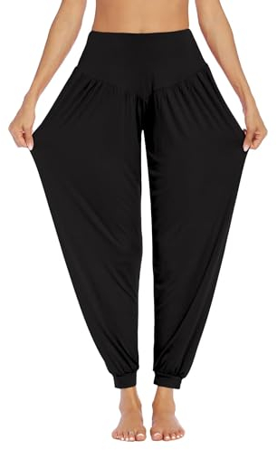 PINSPARK Pumphose Damen Sport Haremshose Lang Yoga Hose Sommer Yogahose Jogginghose Baggy Pluderhose Sporthose Freizeithose Frauen Schwarz S