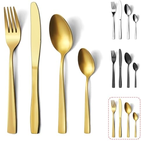 Cutlery Set, Hunnycook 32 Pieces Gold Cutlery Sets, Stainless Steel Cutlery Set for 8, Flatware Set with Knife and Forks Set, Spoons and Teaspoons, Mirror Polished and Dishwasher Safe
