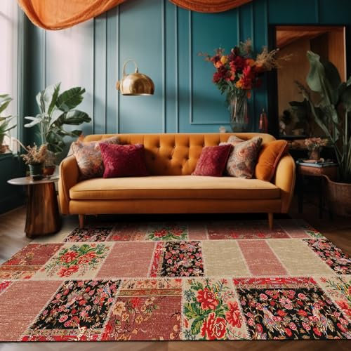 bamyum Zelda Bedruckter Teppich Chenille-Druck Maschinell Hergestellt 120 x 180 cm, Waschbarer Patchwork Vintage Teppich Schlafzimmer, Antibakteriell Antirutschunterlage Küchenteppich