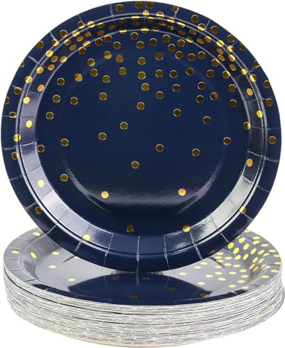 EVYIENEN 50 Stück Blau und Gold Pappteller,17,8 cm Partyteller Goldfolie Party Einweg-Dessertteller-Set,Pappteller Geburtstag, Party Teller Set für Picknicks,Abschlussfeier